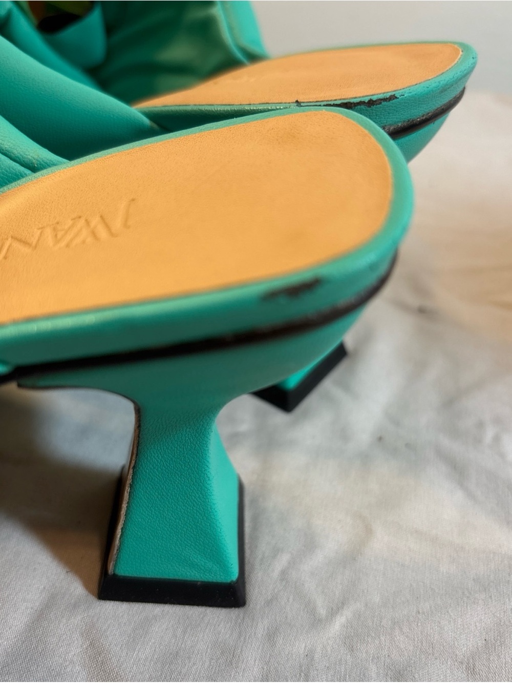 Turquoise Quilted Slide Heels with Gold Accent - Picture 6 of 13